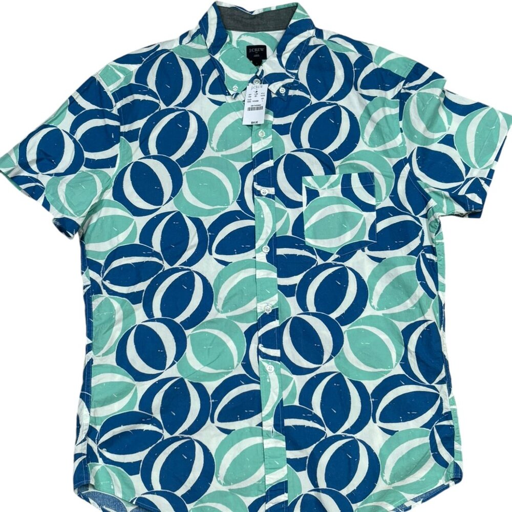 J.crew Multi Blue Ball on White Short Sleeve button down Shirt Size Large